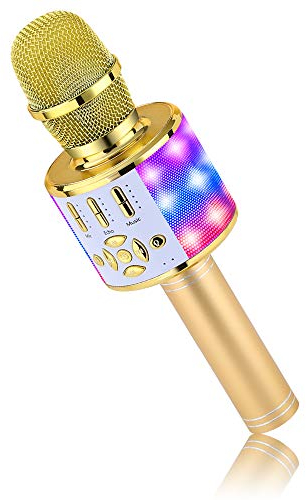 BONAOK Kabelloses Bluetooth-Mikrofon, Kindermikrofon mit LED-Lichtern, Mini-Karaoke-Maschine für Party/Zuhause/Geburtstag, kompatibel mit Bluetooth iOS Android (Gold)