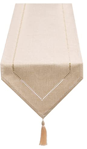 SANLEHAUSE Tischläufer aus Leinen, weiß, cremefarben, Beige, 32x275 cm, einfarbig, modern, pflegeleicht, für Esstisch und Kaffeetisch, Dekoration