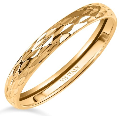TJC 9ct Italian Gold Wedding Band Promise Rings for Women Diamond Cut 2mm | Stackable 9K Solid Fine Yellow/White Gold Unisex Engagement & Anniversary Court Thumb Band Ring for Men & Women