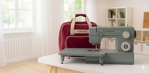 Singer «Heavy Duty Jeans 6335M Denim» - Máquina de coser con bolsa de transporte singer bordeaux, prensatelas, cortador de costuras, base alargada y CUCIREONLINE