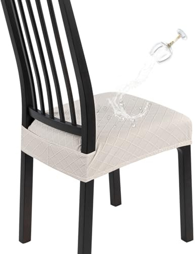 SearchI Waterproof Dining Chair Seat Covers Set of 6, Washable Stretch Seat Covers for Dining Chairs, Rear-Covered Dining Room Seat Cover Protector(Check Beige)