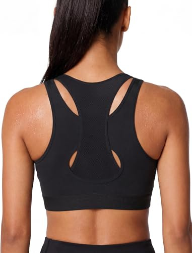 Yvette Soutien Gorge de Sport Femme Fermeture Avant Maintien Fort Grande Taille Rembourré Dos Nageur Fitness Noir 3XL Grande Taille