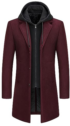 KUDMOL Men's Wool Blend Winter Coat Long Hooded Casual Padded Overcoat | Detachable Hood, Single-Breasted Wool Blend Overcoat with Side Pockets, Casual Business Warm Outerwear for Autumn Winter
