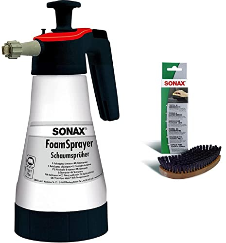 SONAX Pulvérisateur à mousse (1000 ml) & Brosse pour textile et cuir (1 pièce) ergonomique avec des poils souples pour le nettoyage à sec ou associée à un produit | Réf: 04167410