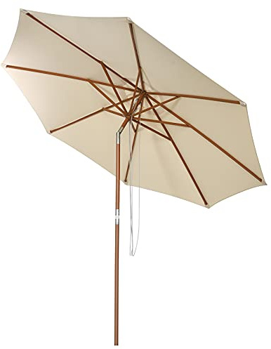 KOMFOTTEU Ombrellone da Giardino 270/300cm con 8 Stecche, Angolo Inclinabile, Anti UV, Ombrellone Parasole Antivento con Struttura in Legno per Spiaggia, Balcone, Patio, senza Base, Beige (300 cm)