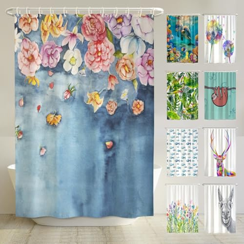 arteneur® - Fallende Blumen - Anti-Schimmel Duschvorhang 180x200 - Öko-Tex Standard 100 - Beschwerter Saum, Blickdicht, Wasserdicht, Waschbar, 12 Ringe