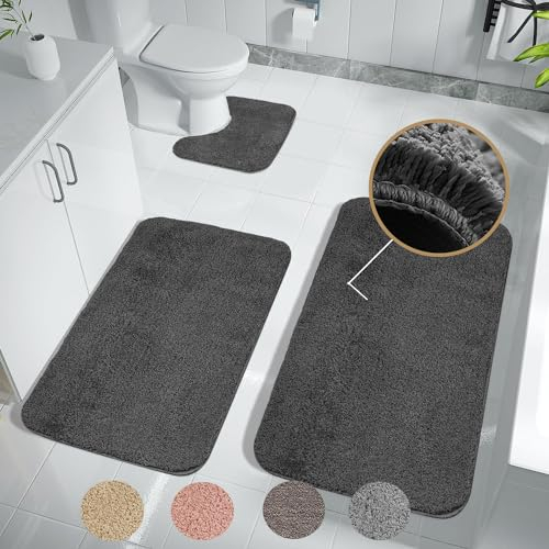 Achiiso Badezimmerteppich,Badteppich rutschfest Waschbar, Mikrofaser Badezimmerteppich Set 3 Teilig,Maschine Badezimmer Teppiche,Weich Badezimmer Vorleger(Holzkohle,U40x50+50x60+50x80cm)