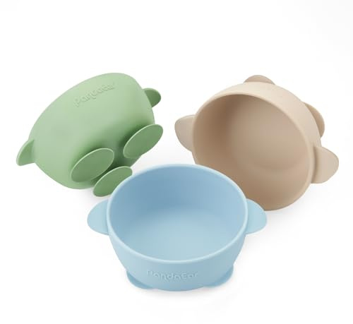 PandaEar Confezione da 3 ciotole con ventosa per bambini, in silicone, per lo svezzamento dei bambini, senza BPA, blu/verde/marrone
