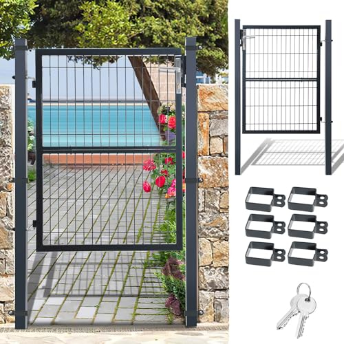 Fiqops Porte de jardin anthracite 120 x 100 cm en acier galvanisé, porte de clôture, porte de clôture avec serrure, poignée de porte et 3 clés, clôture de porte de clôture robuste et durable,