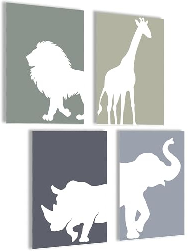 mojoliving Bilder Kinderzimmer jungen Baby Zimmer Poster Set Wandbilder Kinderzimmer mädchen Babyzimmer Deko Bilder für Baby Zimmer Dekoration (Safari Tiere Kontur)