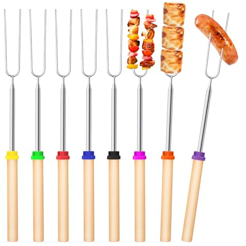 Grillspieße Teleskop Marshmallow, 8 Stück Roasting Sticks, Lagerfeuer Grillgabel, Lagerfeuerspieße Edelstahl Ausziehbar 31-81cm, mit isolierten Griffen für Camping,Gartenparty, Grillparty