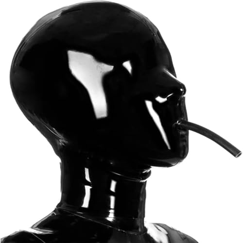 Kangxinsheng svart latex huvmask med munrör, heltäckande ansikts andningsbar latexmask med dragkedja, nyhet gummi maskerad klubbkläder kostymer
