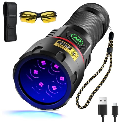 DARKBEAM Torcia UV 365nm 6x LED [4-core] Torce Luce nera ultravioletta, Lampada di Wood Portatile ricaricabile 80W, Rilevatore di Urina di Cane/Gatto, per minerale, ambra, vetro uranio, sangue, resina