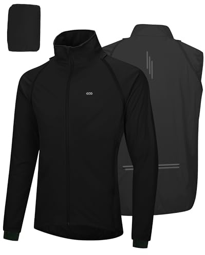 33,000ft Mens Cycling Jacket Waterproof Breathable Coats Reflective Running Vest with Removable Sleeves Lightweight for Packable Black L