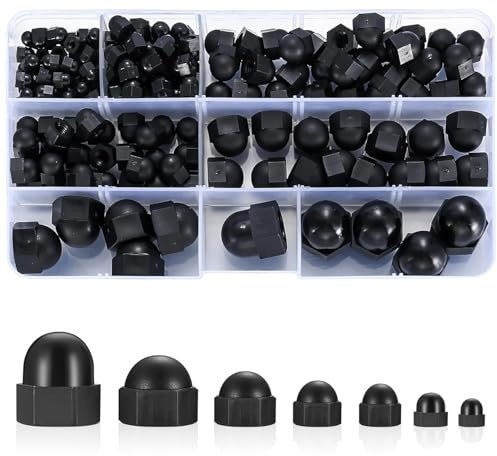 165 Stk Hutmuttern hohe Form Set, Schwarz Nylon Sechskant Hutmuttern, M3 M4 M5 M6 M8 M10 M12 Kappenmuttern, Hutmutter hohe Form Sechskantmutter Kappe für Gewindestangen Schrauben
