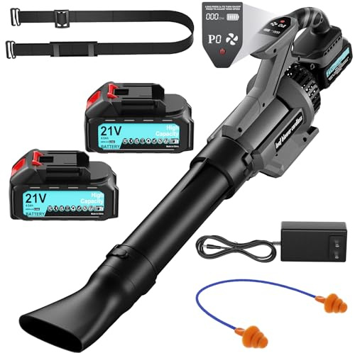 ENRIPRT Soplador de Hojas 21V, 3 Velocidades Sopladora de Hojas con 2 × 4,0 Ah batería,28.000 RPM,Velocidad Aire 240 km/h,Vaudal Aire 930 m³/h,Pantalla LCD para el jardín, mantenimiento del césped nie