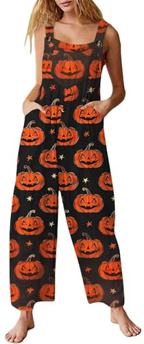 Dark Blue Women's Dungarees Halloween Pumpkin Printed Loose Casual Baggy Sleeveless Overall Long Jumpsuit Playsuit Trousers Cotton Linen Lightweight Versatile Pants Romper with Pockets Costume