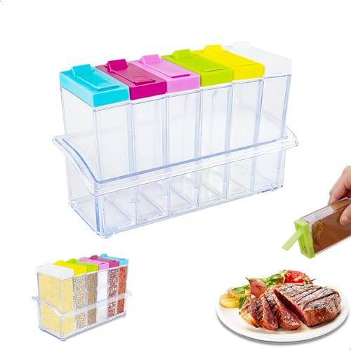 Gewürzgläser Eckig 6 in 1 Gewürzstreuer, Transparente Gewürzstreuer Camping mit Tablett, gewürzstreuer mit 2 Streufunktionen für Camping, Aufbewahrung Küche, Grill