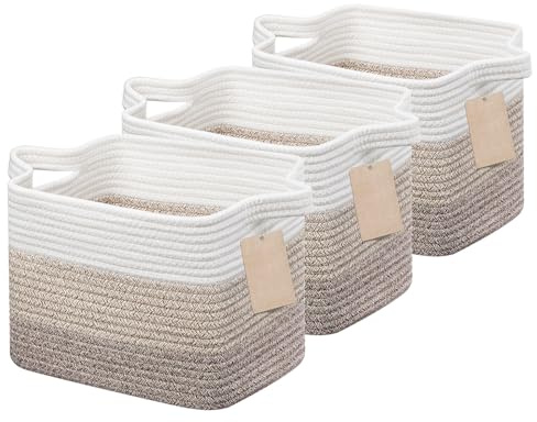 JOJOSEE Woven Storage Baskets Shelf Basket 32 x 25 x 22.5 cm Brown,3PCS | Small Cotton Rope Storage Basket for Shelves, Toys, Books and Shoes, Decorative Gift Basket for Home & Living Spaces