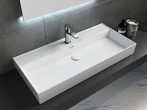Aqua Bagno | Lavabo moderne blanc, design Loft Air, embout de lavabo en céramique, lavabo carré | 101 x 46 cm