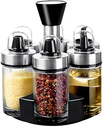 Mlici Oil and Vinegar Dispenser Set of 6 Bottles, Stainless Steel Salt Pepper Holder with 360° Rotating Holder, Cruet Soy Sauce - Premium Glass Condiment for Kitchen, Tabletop, Kitchen Containers