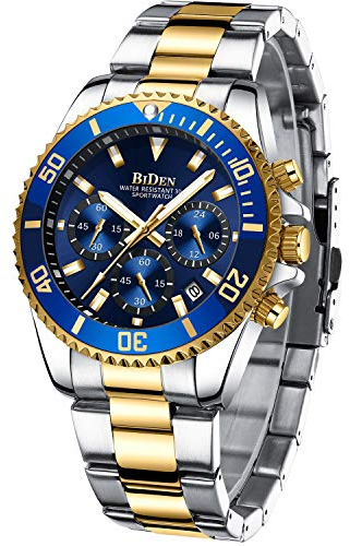 BIDEN Relojes de Pulsera para Hombre con cronógrafo, de Acero Inoxidable, Resistente al Agua, con Fecha, analógico, de Cuarzo, para Negocios, Casual, a la Moda, Oro Azul B