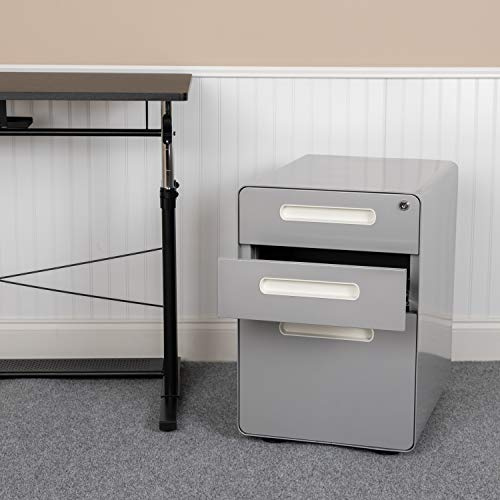 Flash Furniture WREN - Archivador ergonómico de 3 cajones con Mecanismo antibalancín, cajón Colgante para Bandeja Derecha y Cartas, Color Gris