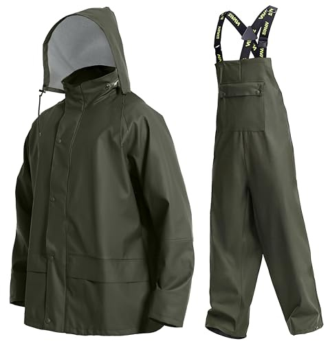 Navis Marine Traje de Lluvia Hombre Impermeable PU - Chaqueta y Peto Ajustable con Capucha Extraíble para Pesca, Construcción, Trabajo y Outdoor(Green,L)