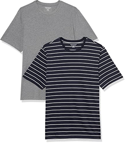 Amazon Essentials T-shirt en Coton à Col Rond à Manches Courtes, Coupe Classique Homme, Lot de 2, Bleu Marine Rayures/Gris Chiné, S