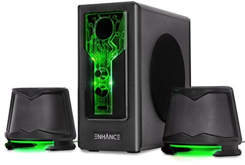 ENHANCE SB 2.1 Altoparlanti per Computer con Subwoofer - Casse Gaming con LED Verte, Sistema Audio ad Alta Escursione, con Jack da 3.5mm, Controllo Volume e Bassi, Compatibili con PC Gaming, Laptop