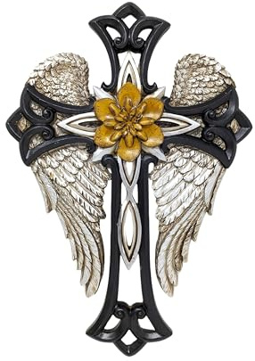 AMAJY Cruz de alas de ángel con flor espiritual para pared, decoración para colgar en la pared, bendición, regalo religioso, colección de decoración