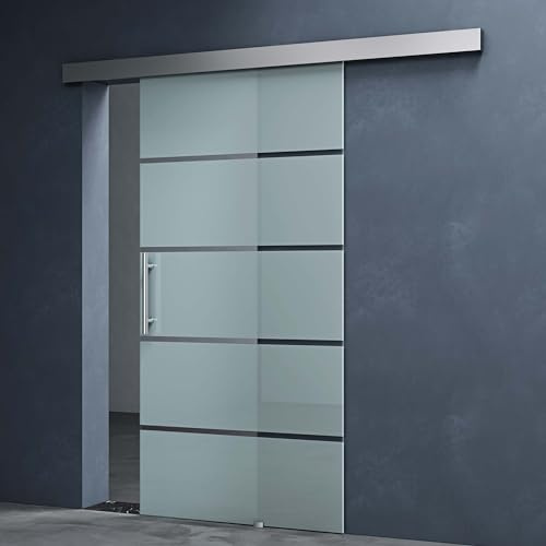 Mai & Mai Porta Scorrevole in Vetro 102,5x215cm, Porta Scorrevole con Sistema Softclose in Vetro Satinato 8mm in 5 Strisce con Binario e Maniglia Per Asta, Distanza dal Muro 25mm, Amalfi TS13H-1025