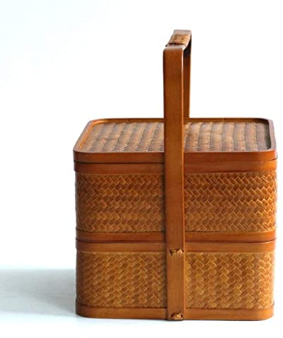 UZOURI Picknickkorb aus japanischem Bambusgewebe mit Griffen, mehrschichtiger Aufbewahrungskorb für Outdoor, Camping, Party(Size:21x21x28cm)