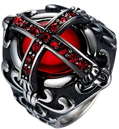 JIPSJICI Mens Stainless Steel Vintage Ruby Stone Cross Ring Silver Black Gothic Biker Signet Rings Red Size 13