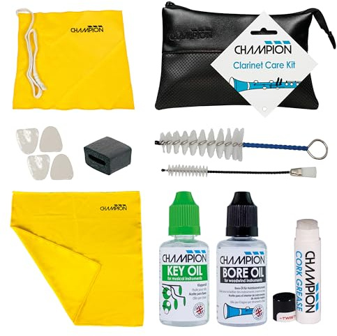 Champion Music Clarinet Care Kit. Cleaning and Maintenance Pack Complete with Valve Oil, Slide Grease, Cleaning Brushes, Long Cleaning Snake Brush & Polish Cloth.