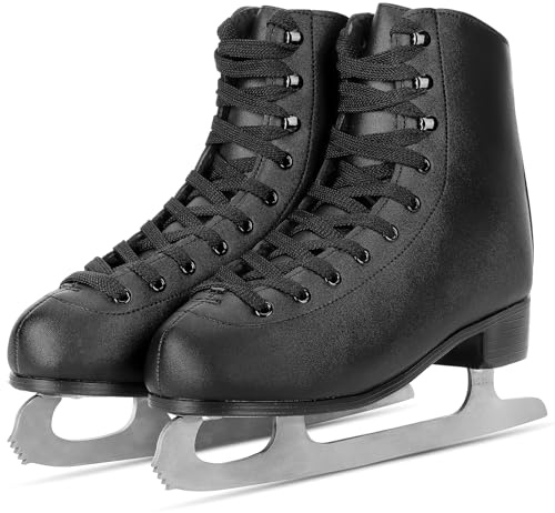 AhmyLion Figure Ice Skates for Beginners - White Comfortable Leather Ice Skates for Women, Men, Boys & Girls (Size Up 1 Size) (Black, Womens Size-7/Mens Size 5.5)