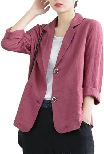 Blazer en Coton et Lin pour Femmes Printemps et été Veste décontractée à Revers Unicolore à Manches Longues Veste Fine à Boucle