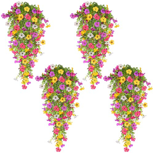 TURNMEON 4 Pcs Artificial Flowers for Outdoors Spring Summer Decor, UV Resistant No Fade Fake Hanging Flowers Plants Faux Plastic Realistic Silk Flower for Gardens Porch Planter Patio Yard Home Indoor