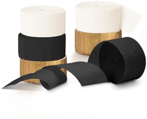 NICROHOME EUR Schwarz-Gold-Party-Quasten-Luftschlangen, 6 Rollen Schwarz-Gold-Elfenbein-Weiß-Krepppapier-Luftschlangen für Abschlussfeier, Partyzubehör, Männer, Geburtstag, 2026, Hochzeit, Baby, Braut