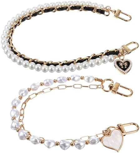 HJZHII 2 cadenas cortas de piel sintética para teléfono móvil, con perlas, para la muñeca, de metal, para teléfono móvil, cadena corta de perlas para teléfono móvil, correa universal para smartphone