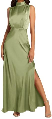 BDSCZW Vestido elegante de satén para mujer, sin mangas, cintura alta, boda formal, invitada de boda, vestido de cóctel, vestido de baile, vestido de fiesta, vestido midi, L