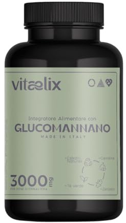 Vitaelix Glucomannano Drenante Forte Dimagrante 3000 mg. Integratore 100% Naturale con Caffeina, Zenzero, Ginseng, Tè Verde e Fibra Saziante Vegetale, Made in Italy, 120 capsule