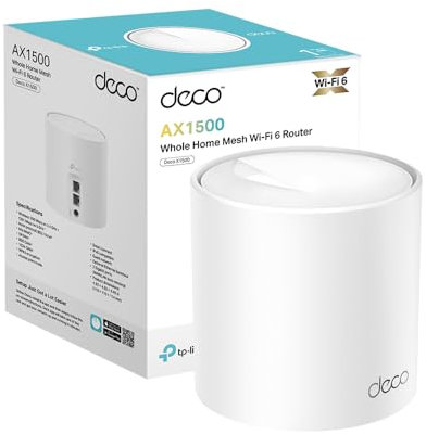 TP-Link Deco AX1500 Mesh WiFi AX1500 Mbps, double bande, Wi-Fi 6, 2 ports Gigabit, HomeShield, 2 × 2 MU-MIMO, OFDMA, 2 antennes intérieures, Beamforming, Latence Ultra basse, Couvert jusqu'à 190 m2, 1