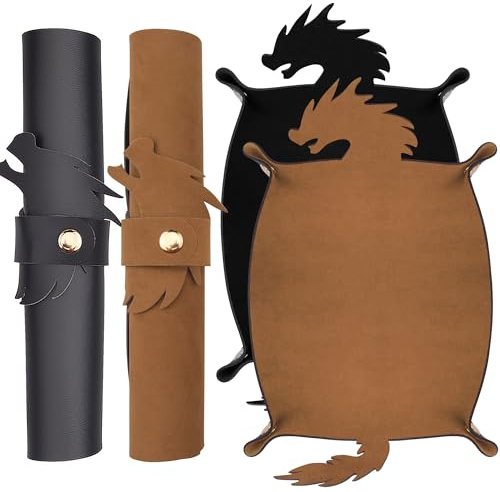 SIQUK 2 Pièces Plateau à Dés Dragon Piste de des Pliable Cuir PU Tapis de Dés Dice Tray Mat pour DND RPG (Chameau, Noir)