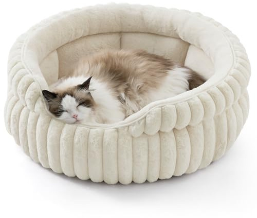 Bedsure ComfyFleece™ Cat Bed, Washable Round Cute Cat Beds for Indoor Cats, Super Soft Corduroy Pet Bed for Puppy and Kitten with Anti-Slip Bottom, 23''x23''x8.5'', Cream