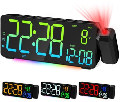 Despertador de Proyección Reloj Digital LED con Proyección para Dormitorio con Gran Pantalla Proyector 180°Cargador Puerto USB 12/24H DST Snooze Iluminación Ambiental RGB 2 Alarma Temperatura Fecha