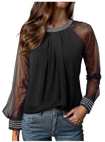 Kobilee Camicia Capodanno Donna Maglia con Brillantini Maglietta Capodanno Donna Maniche Lunghe in Pizzo Festive Sequin T-ShirtBlusa Curvy da SeraXL Nero