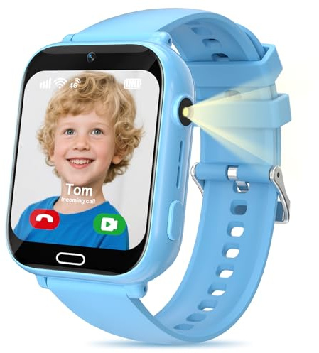 POFIBO Kids Smart Watch Boys Girls, 4G Kids GPS Tracker Watch with Phone, Video Calls, Voice Chat, SOS, Games, Alarm Clock, School Mode, Torch, Smart Watch for Boys Girls 4-16 Years