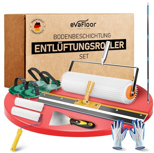 EVAFLOOR Kit Outils de Ciment Autonivelant | Comprend Rouleau Debulleur Ragreage 50cm, Râteau Autonivelant, Chaussure a Pointe Ragreage, Perche Télescopique, Rouleaux, Spatule et Gants