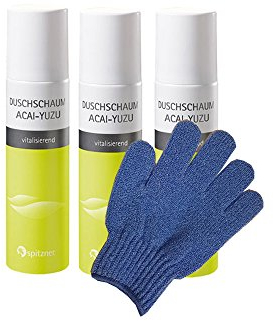 Spitzner - Schiuma doccia Acai-Yuzu, confezione risparmio (3 x 150 ml) con guanto da massaggio in omaggio